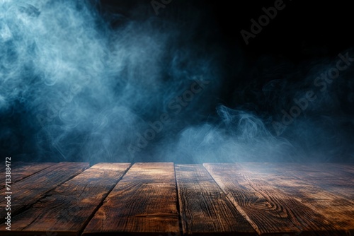 closeup of a wood and smoke background over a dark background Generative AI