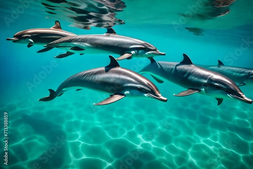 Photo of four dolphins swimming gracefully through turquoise waters. The water is so clear that the bodies of the dolphins are visible from above the surface © Beauty