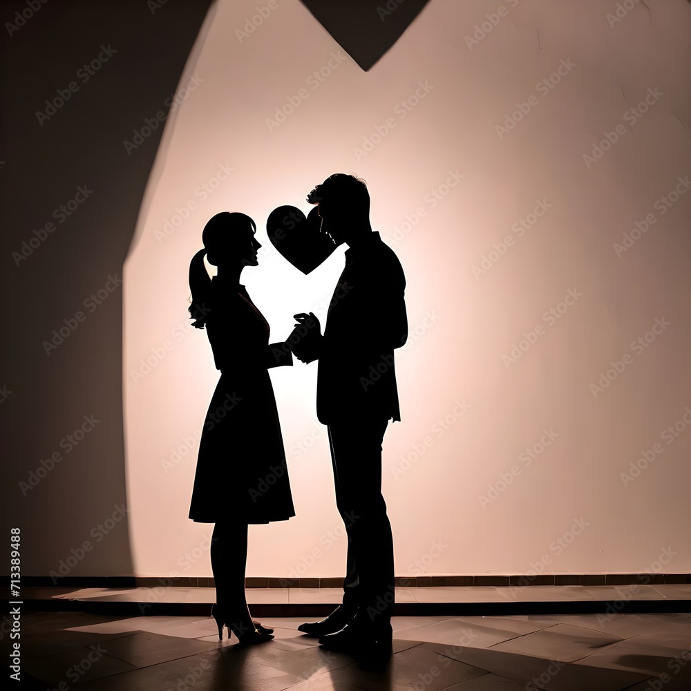 The silhouette of a couple casts the shadow of a heart on the wall, adding a touch of intimacy to the background, valentine's day concept