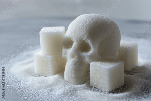 A skull sculpted from sugar grains amidst cubes, a vivid caution against the health risks of excessive sugar consumption