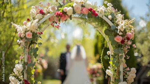 Bride and Groom Under Floral Archway, out of focus, absent on archway.