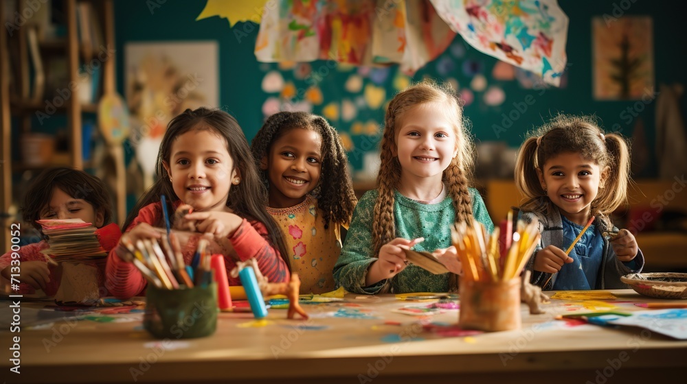 Group of children during a fun arts and crafts activity. Children so happy and funny with friends. Group of children during a fun arts and crafts activity. Children so happy and funny with friends.