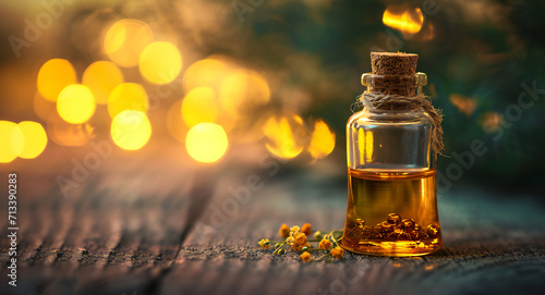 Essential oil bottle with herbs and flowers around © Adrian Grosu