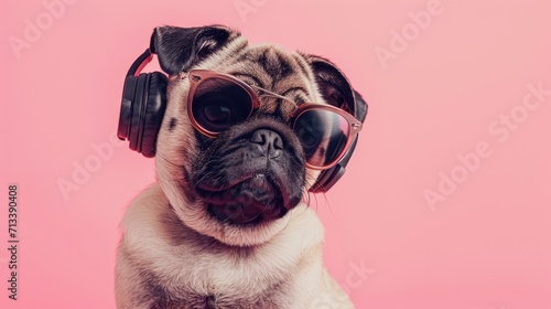 Photo portrait of a funny pug puppy in headphones and sunglasses on a pink background
