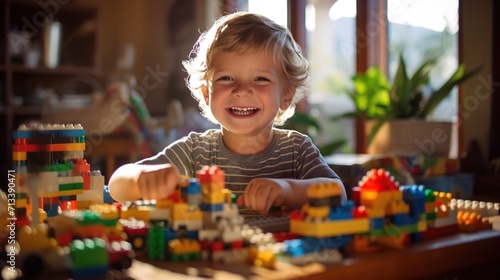 Happy European kid having fun playing with toy bricks constructor at home. Creative wallpaper, activity for children concept. copy space for text.
