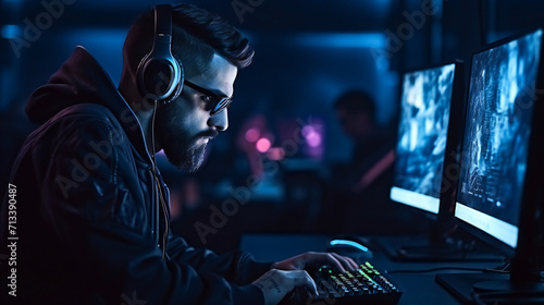 A skillful hacker working at computer
