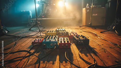 Vintage guitar effects on a wooden floor