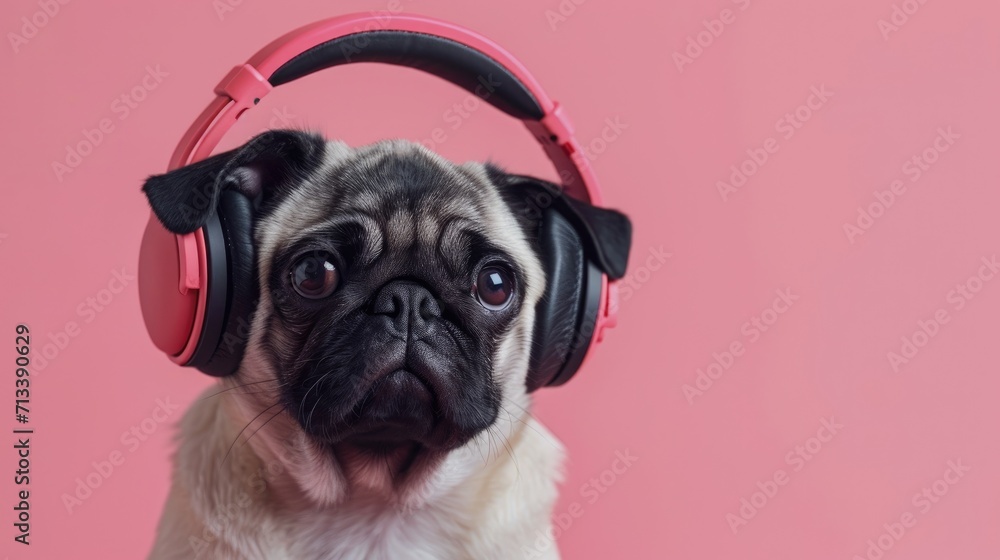 Photo portrait of a funny pug puppy with headphones on a pink background Photo portrait of a funny pug puppy with headphones on a pink background