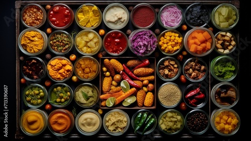 An overhead view of a colorful array of pickles and chutneys, highlighting the diverse flavors and textures in traditional Indian condiments -Generative Ai