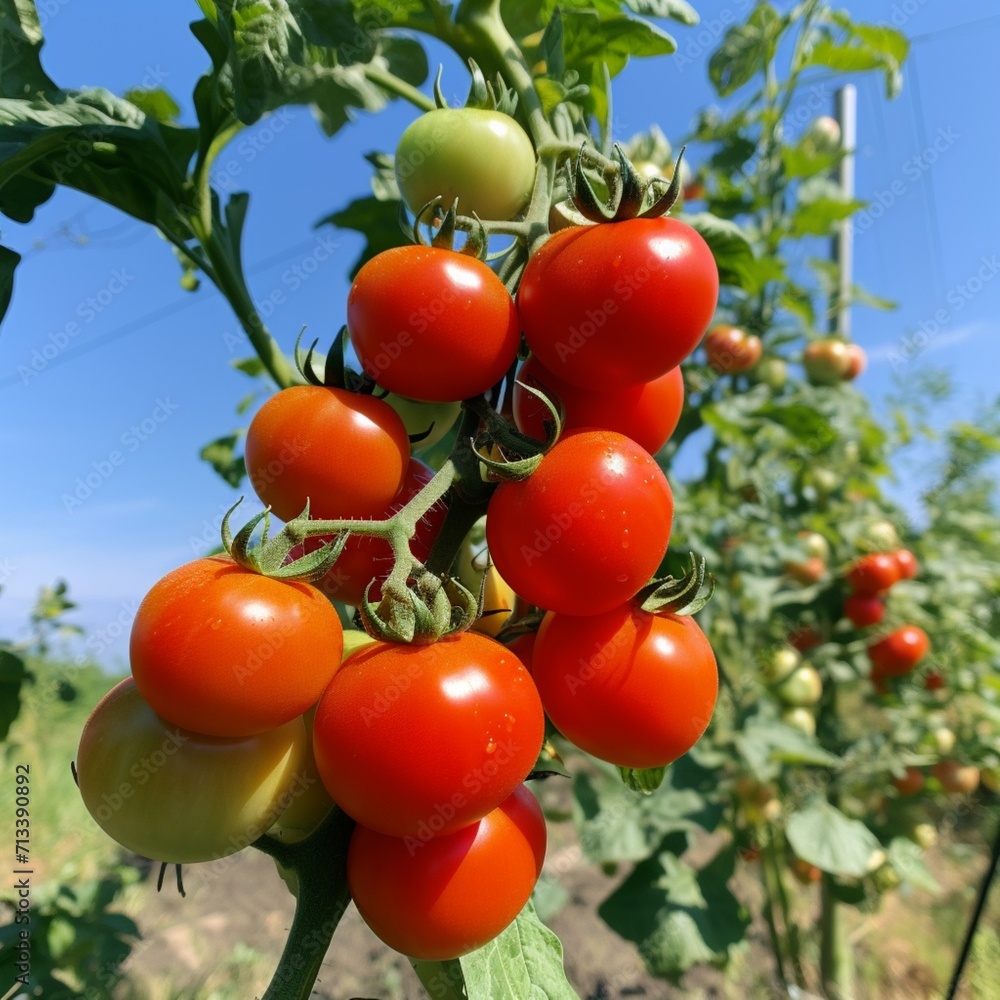 Ripe and beautiful tomatoes tree images Generative AI