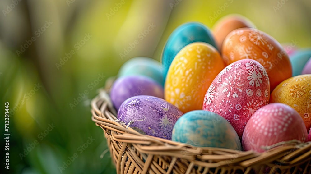 Naklejka premium Colorful Easter eggs in basket in green grass Christian holiday banner