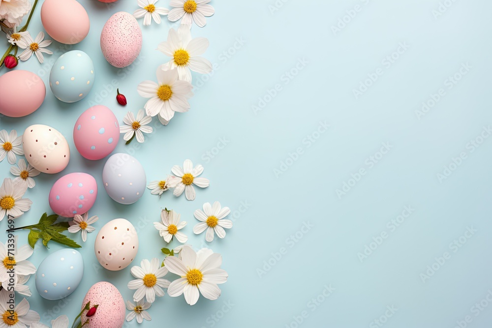 Colorful pastel colored Easter eggs on blue background, Minimalist Easter sunday Christian holiday banner