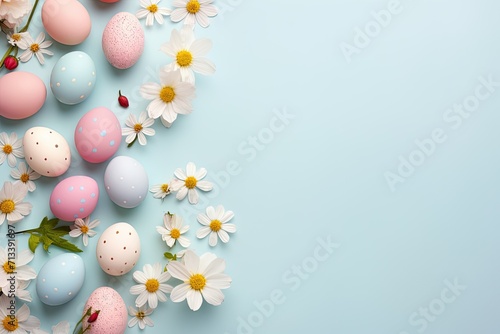 Colorful pastel colored Easter eggs on blue background  Minimalist Easter sunday Christian holiday banner