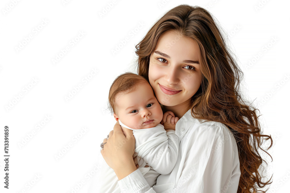 Portrait of mom holding baby with her arms isolated on white background, love moment, newborn sleeping tenderly in arms, cute little infant. Portrait of mom holding baby with her arms isolated on white background, love moment, newborn sleeping tenderly in arms, cute little infant.