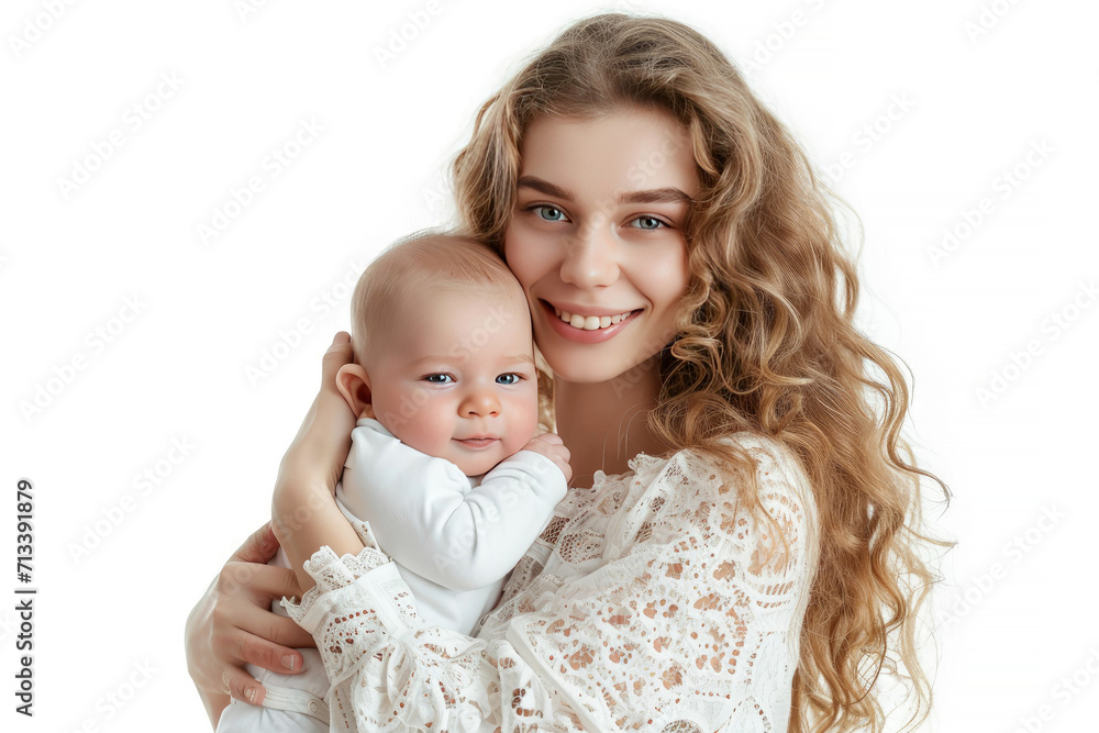 Portrait of mom holding baby with her arms isolated on white background, love moment, newborn sleeping tenderly in arms, cute little infant. Portrait of mom holding baby with her arms isolated on white background, love moment, newborn sleeping tenderly in arms, cute little infant.