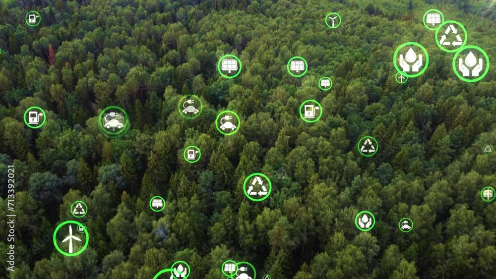 Concept of sustainable development, ecology icons slowly fly over the green forest. Environmental protection, nature conservation, fight against CO2 emissions, alternative energy sources. 4k footage