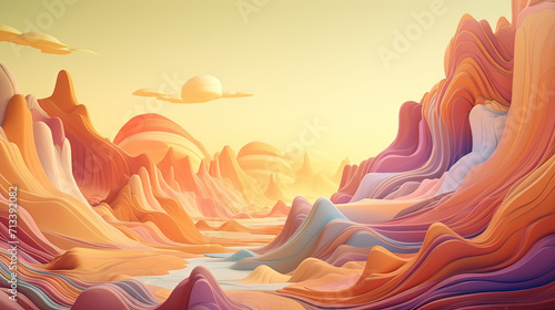 Abstract landscapes where 2D and 3D worlds collide, forming a visually striking and innovative composition that plays with perspective Ai Generative