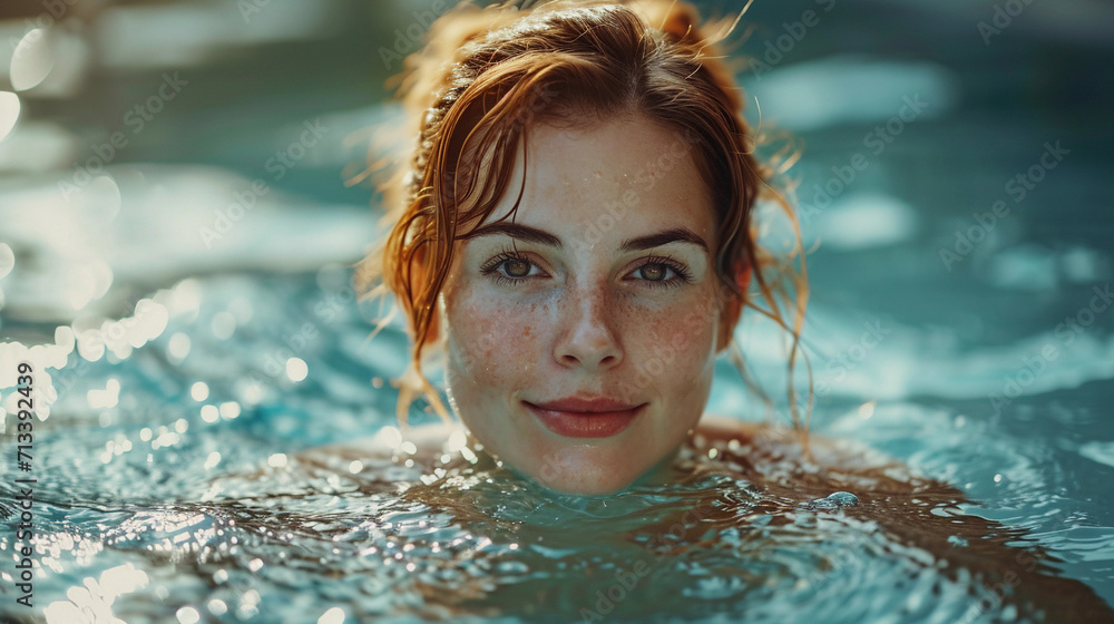 A red-haired woman relaxes in the pool