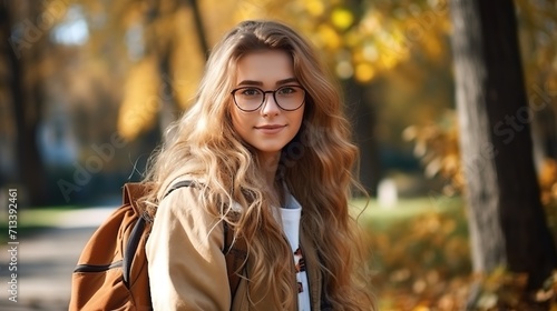 A_student_girl_with_a_backpack_and_glasses_in_the_park