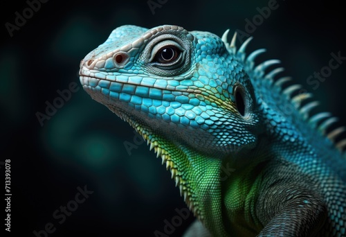 Beautiful green chameleon on dark blurred turquoise blue background with tropical plants and leaves. Veiled colorful chameleon on branch. Reptile lizard in zoo terrarium. Exotic domestic pet concept