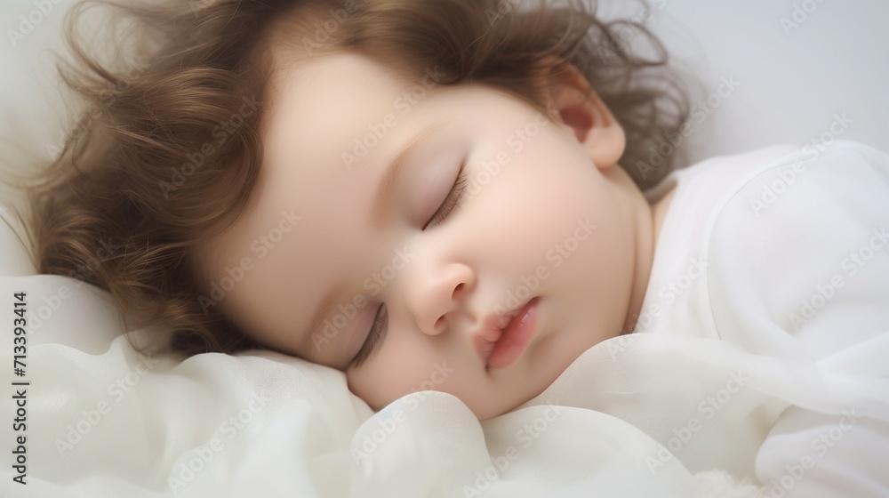 Cute little baby girl sleeping on white bedding, soft focus. AI. Cute little baby girl sleeping on white bedding, soft focus. AI.