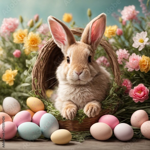 Easter card with Easter rabbit  eggs and flowers. AI Generated.