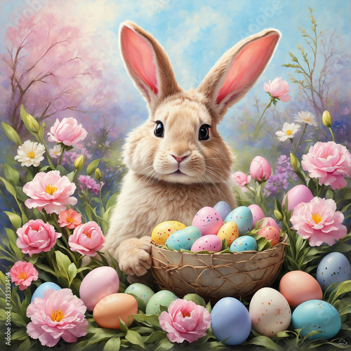 Easter card with Easter rabbit  eggs and flowers. AI Generated.