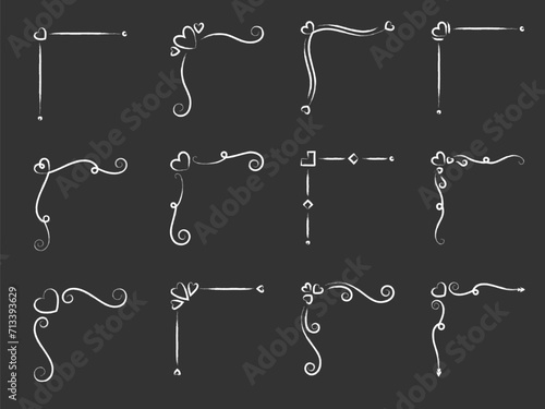 Corner frame heart divider white chalk stroke set. Ornament curl classic design Valentines day separator element text frame wedding love invitation banner postcard border filigree engraving isolated