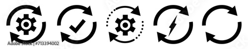 Sync processing icons set. Circle arrow with gear wheel vector. Vector Illustration.