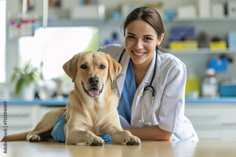 Veterinarian and dog in veterinary clinic. Concept of health care.