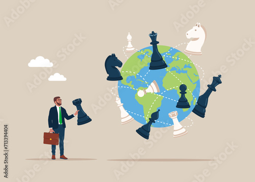 Business strategy. Chess figure black tower and fighting each other on world map across globe. Flat vector illustration