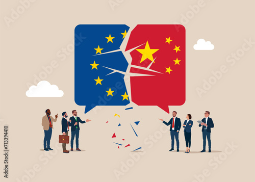Crisis in world. Conflict with two opposing trading partners European union and China. Symbol of misunderstanding, negotiation problems, miscommunication, argument. Flat vector illustration