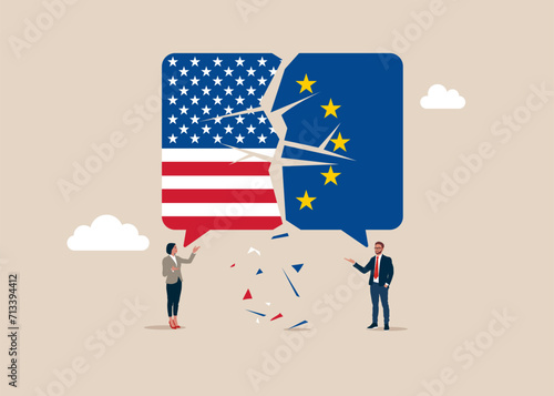 Relationship conflict between European union and United States of America. USA. Trade deal.  Flat vector illustration
