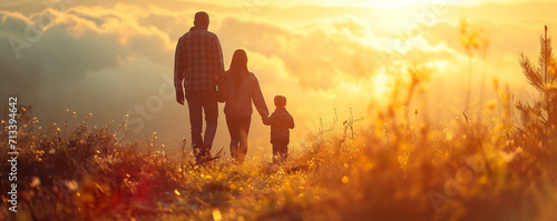 Silhouette of a family holding hands, facing the sunrise on a golden autumn morning, depicting warmth and togetherness in glow , Family Embracing Dawn: A New Day Begins, International Family Day