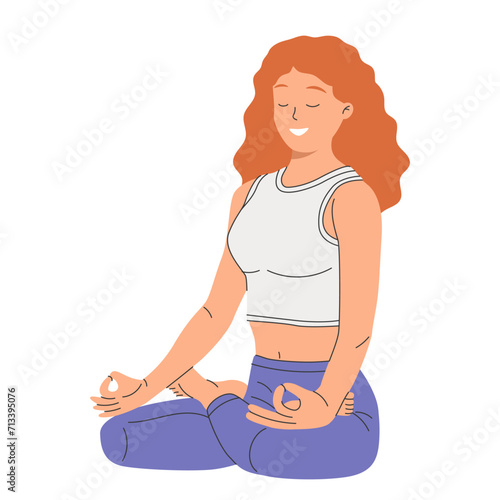 Woman with closed eyes meditating in yoga lotus posture. Female character sitting with her legs crossed.