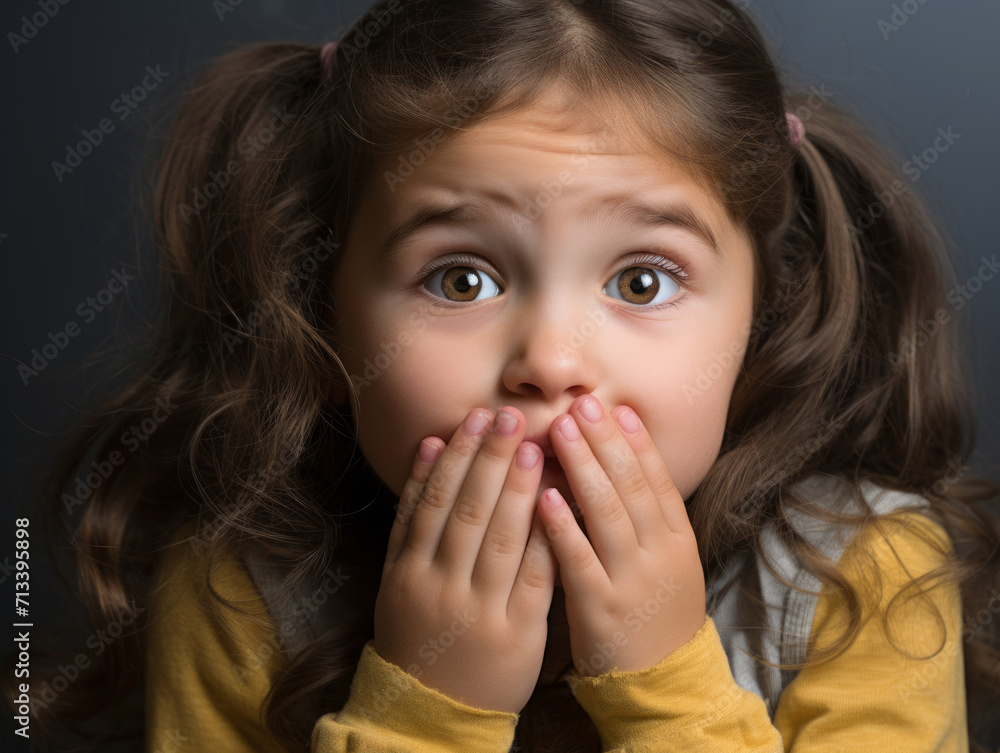 Close-up portrait of a little frightened girl covering her mouth with her hands. Childs emotions, fear, surprise. Caucasian child looking at the camera Close-up portrait of a little frightened girl covering her mouth with her hands. Childs emotions, fear, surprise. Caucasian child looking at the camera
