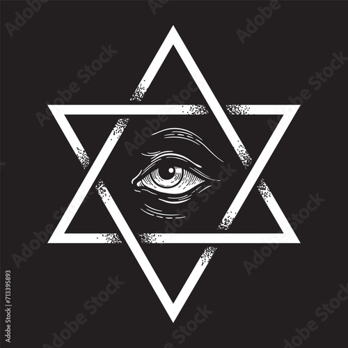 Hexagram and all seeing eye hand drawn dot work ancient pagan symbol of six-pointed star isolated vector illustration. Black work, flash tattoo or print design