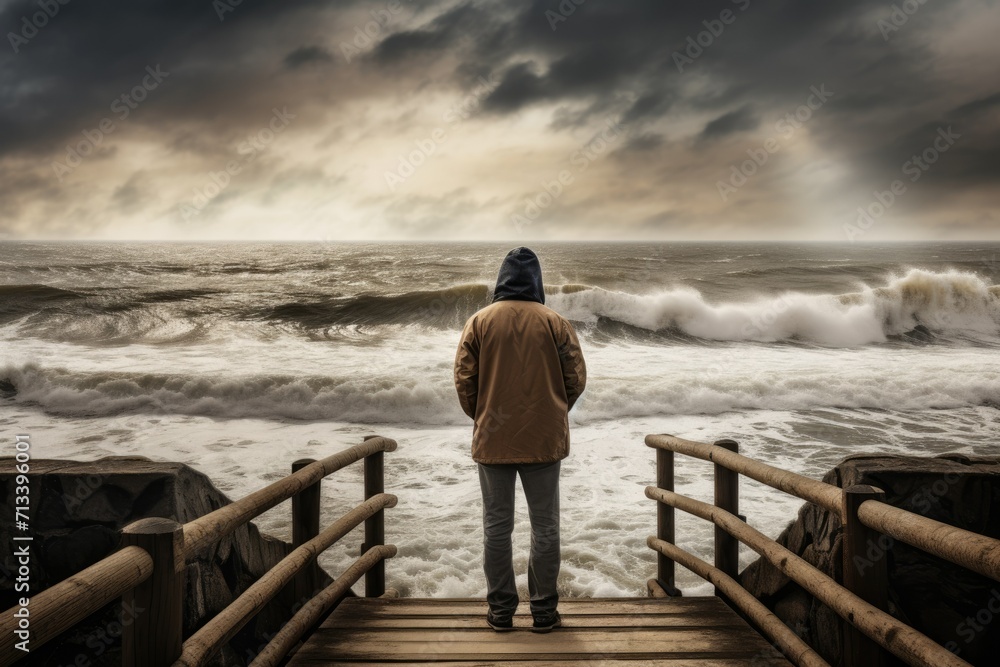 a middle-aged man in a cap stands on the pier watching the approaching wave - obrazy, fototapety, plakaty 