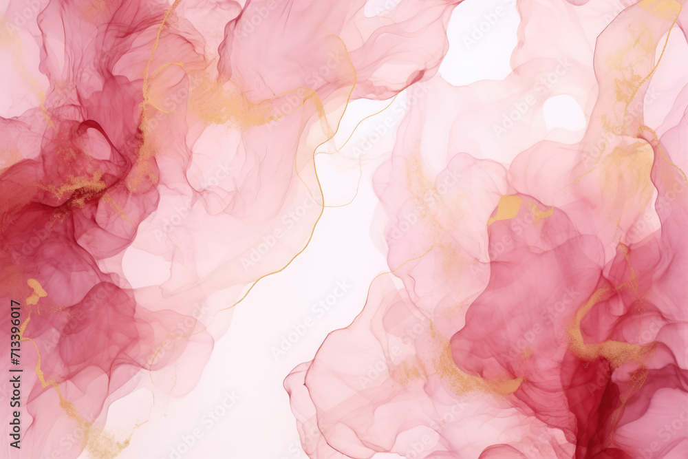 Abstract pink liquid watercolor background with golden lines. Pastel marble alcohol ink drawing .Generative AI.