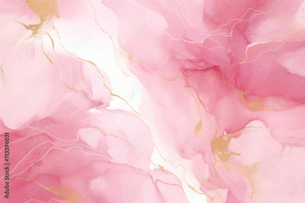 Fototapeta premium Abstract pink liquid watercolor background with golden lines. Pastel marble alcohol ink drawing .Generative AI.