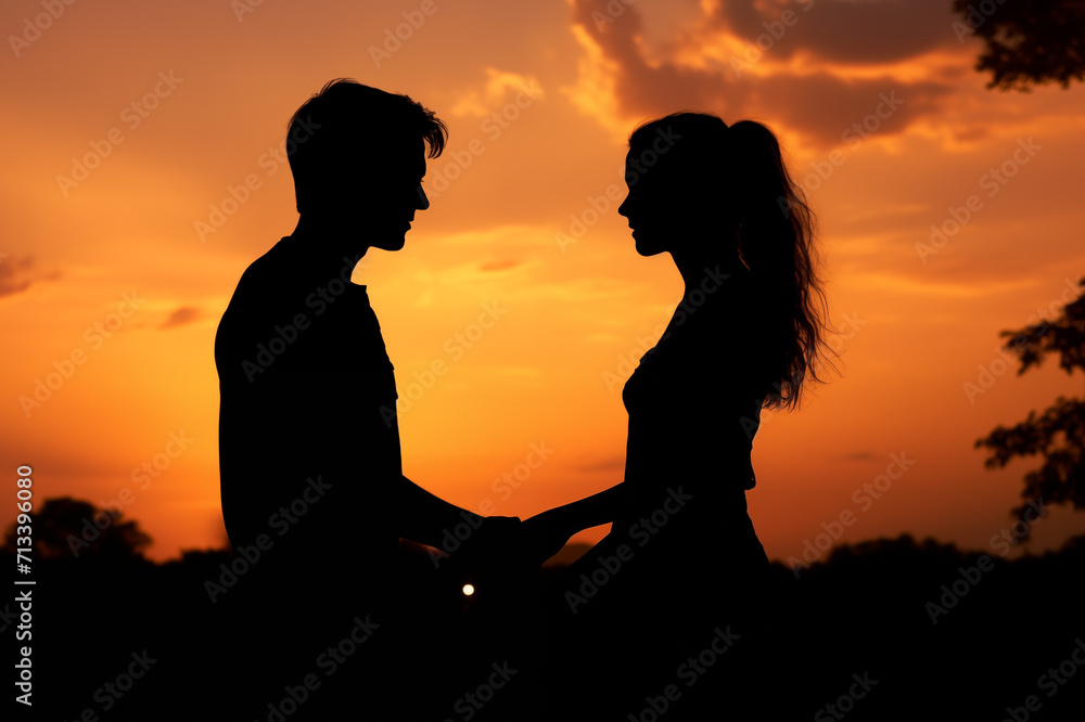 Silhouette's shot of a couple holding hands before a sunset.