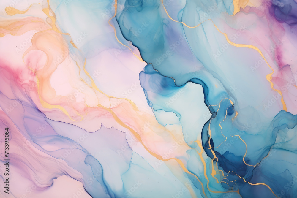 Abstract pastel liquid watercolor background with golden lines. Pastel marble alcohol ink drawing .Generative AI.