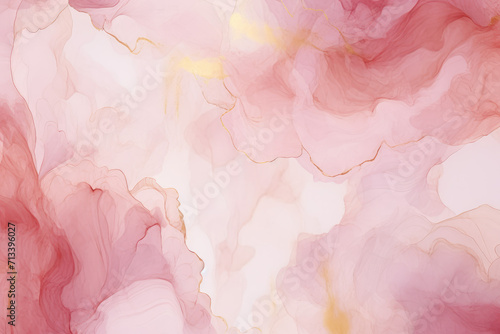 Abstract pink liquid watercolor background with golden lines. Pastel marble alcohol ink drawing .Generative AI.