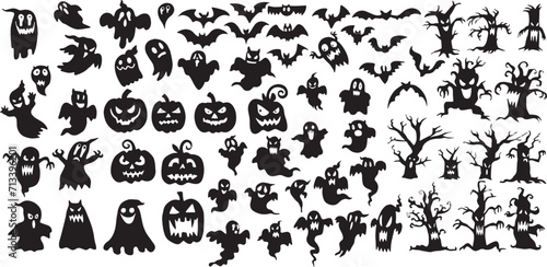 Set of Halloween silhouettes black icon and character. Vector illustration. Isolated on white background. © Hasitha
