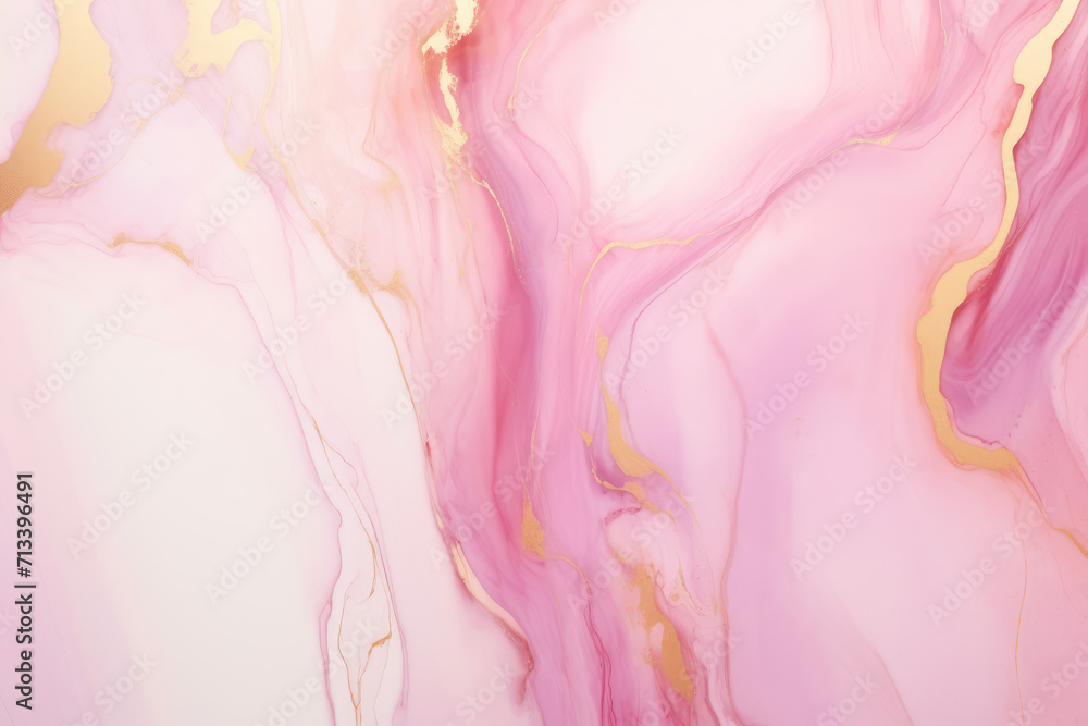 Fototapeta premium Abstract pink liquid watercolor background with golden lines. Pastel marble alcohol ink drawing .Generative AI.