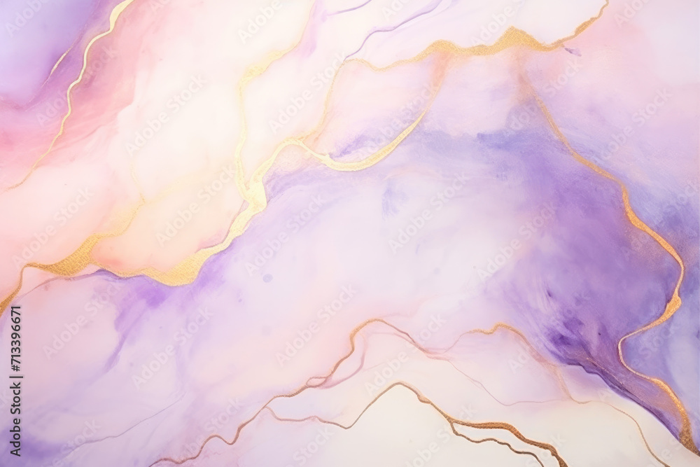 Abstract pink purple liquid watercolor background with golden lines. Pastel marble alcohol ink drawing .Generative AI.