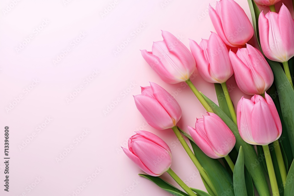 Pink tulips on pink background. Generative AI