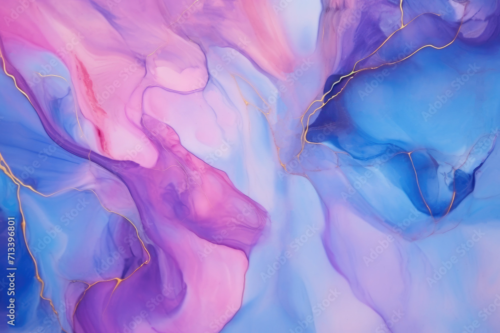 Abstract blue pink pastel liquid watercolor background with golden lines. Pastel marble alcohol ink drawing .Generative AI