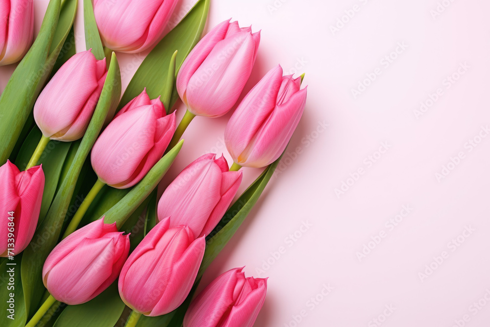 Fototapeta premium Pink tulips on pink background. Generative AI