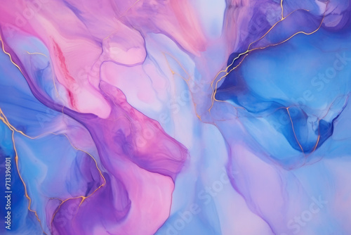 Abstract blue pink pastel liquid watercolor background with golden lines. Pastel marble alcohol ink drawing .Generative AI © premyuda